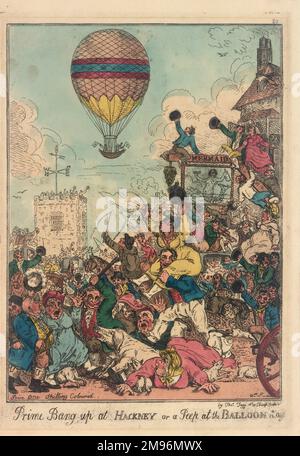 Prime Bang Up in Hackney oder ein Peep in the Balloon. Ein satirischer Cartoon, der Chaos zeigt, während die Massen einen Ballon in der Nähe des Meerjungfrauen-Pubs beobachten. Stockfoto