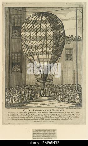 Graf Zambeccaris Ballon zeigt, wie Miss Grice absteigen muss, damit die Ladung leicht genug ist, um den Flug von der Tottenham Court Road zu ermöglichen. Die reduzierte Besatzung bestand aus Graf Zambeccari und Konteradmiral Sir Edward Vernon. Sie sind in der Nähe von Horsham, Sussex, 36 Meilen entfernt. Stockfoto