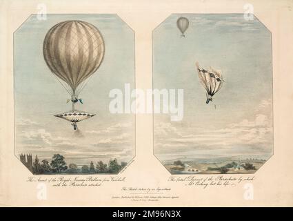 Zwei Zeichnungen nebeneinander von dem tragischen Fallschirmunglück von Mr. R. Cocking. Auf der linken Seite der Aufstieg des Royal Nassau Balloon von Vauxhall mit Fallschirm. Rechts, der beschädigte Fallschirm sinkt. Stockfoto