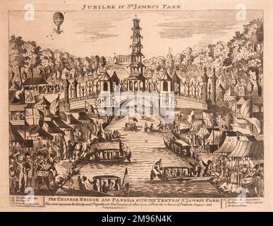 Jubiläumsveranstaltung zur Feier des Friedens im St. James's Park, London, mit chinesischer Brücke, Pagode und Erfrischungszelten. Herr Sadler stieg im Rahmen der Feierlichkeiten in einem Ballon auf (oben links). Stockfoto