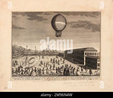 Paolo Adreanis Ballon über einem Platz in Mailand, beobachtet von einer Menge Zuschauer. Sein erster Aufstieg erfolgte am 25. Februar 1784; dieser Aufstieg fand im folgenden Monat statt. Stockfoto