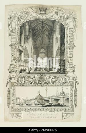 Szene bei der Krönung von König William IV. Und Königin Adelaide (8. September 1831), mit der Eröffnung der New London Bridge (1. August 1831) unten, mit einem Ballon oben rechts sichtbar. Stockfoto