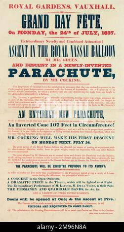 Königliche Gärten, Vauxhall, Grand Day Fete, Aufstieg im königlichen Nassau Ballon von Mr Green und Abstieg in den neu erfundenen Fallschirm von Mr Cocking, ein umgekehrter Kegel 107 Fuß im Umfang. Mit einem Konzert, Musik und anderen Unterhaltungsangeboten. Leider versagte Mr. Cockings Fallschirm, und er fiel in den Tod. Stockfoto
