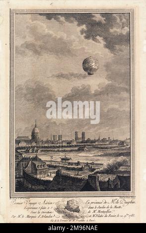 Der erste bemannte Aufstieg im Ballon, der in Gegenwart des Dauphins vom Jardin de la Muette, Paris, unter der Richtung Montgolfier durchgeführt wurde. Die Passagiere waren der Marquis d'Arlandes und Pilatre de Rozier. Blick von der Terrasse von Herrn Franklin in Passy. Stockfoto