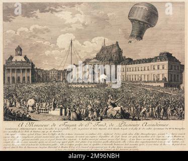 Aufstieg des Ballons Montgolfier von Versailles aus, beobachtet vom König, der königlichen Familie und einer großen Menschenmenge von Zuschauern. Der Ballon flog acht Minuten lang und stieg dann im Bois de Vaucresson, Carrefour Marechal, hinab. Die Passagiere waren ein Schaf, ein Hahn und eine Ente, die das Erlebnis unversehrt überlebten. Stockfoto