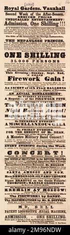 Charles Green Poster zum Ballonfahren, Royal Vauxhall Gardens, zweite Woche der Nachsaison, ein nächtlicher Ballonaufstieg. Mit Feuerwerk, Konzert und anderen Unterhaltungsangeboten. Stockfoto