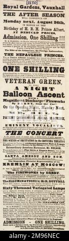 Charles Green Ballonposter, Royal Gardens, Vauxhall, The After Season... Veteran Green für einen nächtlichen Ballonaufstieg. Mit Feuerwerk, Konzert, Gleichlauf und anderen Unterhaltungsmöglichkeiten. Stockfoto