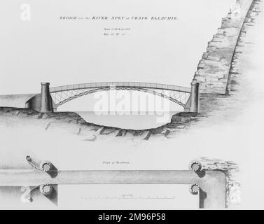 Eine technische Zeichnung der spektakulären Craig-Ellachie-Brücke über den Fluss Spey im Nordosten Schottlands. Die Brücke wurde zwischen den Jahren 1812 und 1814 gebaut. Stockfoto