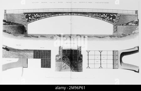 Eine technische Zeichnung der eleganten und aufwändigen Llynnon-Brücke, die sich über den Fluss Conway in North Wales erhebt. Stockfoto