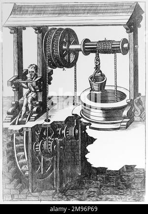 Eine Gravur eines 1588-Pedals, das gut dafür ausgelegt ist, menschliche Kraft zu nutzen, um große Mengen von unterirdisch gespeichertem Wasser zu heben. Stockfoto