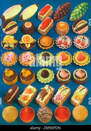 Eine Auswahl an französischem Gebäck, Cream Boats aus dem Frangipan-Stützpunkt. Erdbeer-Mallow aus französischem Gebäck. Schokoladen-Marshmallow-Boote aus Frangipanen. Traubenboote aus Frangipanen. Cremetörbe. Schokoladendessert. Mokka-Dessert. Rose Tart. Walnusstorte. Kirschtorte. Süße Erbsentorte. Trüffeltörtchen. Sternbeertörtchen. Ostermädchen. Glückspilze. Schokoladen-Delice. Französische Pasteten. Zitronenmocha. Chinesisch. Schokoladenpudding. Schokoladencreme. Stockfoto