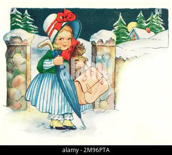 Ein junges Mädchen in einer Haube und einem blau gestreiften Kleid geht im Schnee nach Hause und trägt eine große Tasche, einen Regenschirm und eine Katze als Haustier. Stockfoto