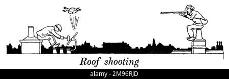 Heath Robinson - Wartime Cartoons - Zweiter Weltkrieg. Schießerei auf dem Dach. Stockfoto