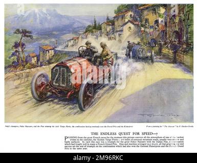 Autocar Poster -- italienischer Champion Felice Nazzaro, der den Fiat fährt, in dem er das Targa Florio Rennen in Sizilien gewann. Seine Durchschnittsgeschwindigkeit für das Rennen lag bei etwa 33 km/h. Stockfoto