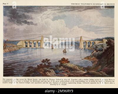 Die Hängebrücke über die Menai-Straße, erbaut von Thomas Telford in den Jahren 1819-1826. Zusammen mit einer ähnlichen Brücke über den Conway River wurde die Hauptstraße nach Irland über Holyhead fertiggestellt. Farbiger Aquatint von R G Reeve nach einer Zeichnung von G Arnald Stockfoto