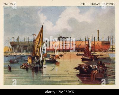 Great Eastern auf den Aktien von John Scott Russells Werft in Millwall. Lithographie von John Wilson Carmichael. Stockfoto