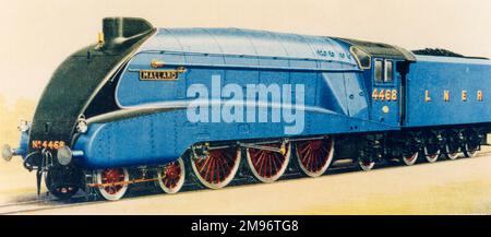 „Mallard“ - London & North Eastern Railway (LNER), 3-Zylinder-Lokomotive vom Typ 4-6-2 Nr. 4468, gebaut in Doncaster, entspricht den Entwürfen von Sir Nigel Gresley. Stockfoto