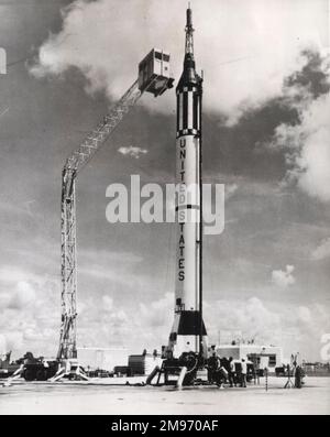 Die Mercury-Redstone-Rakete, die Virgil Grissom auf dem zweiten bemannten suborbitalen Raumflugzeug der USA transportierte. Die Quecksilberkapsel hieß Liberty Bell 7. Stockfoto