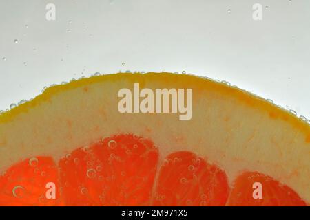 Nahaufnahme der roten Grapefruitscheibe im Wasserhintergrund. Konsistenz des kühlenden Fruchtgetränks mit Makroblasen an der Glaswand. Flaches Design.