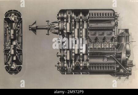 Schnittbild eines Junkers JUMO 205 CI Sechszylinder-Zweitakt-Dieselmotors mit gegenläufigem Kolben 510-600hp. Stockfoto
