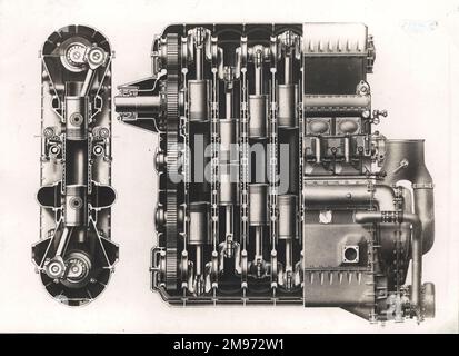 Schnittbild eines Junkers JUMO 204 CI Sechszylinder-Zweitakt-Dieselmotors mit gegenläufigem Kolben 600-750hp. Stockfoto