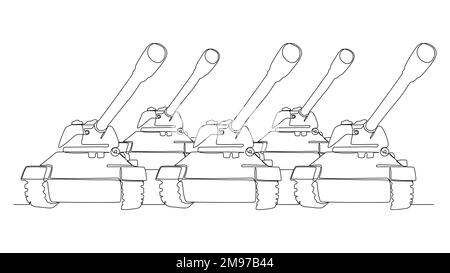 Eine durchgängige Reihe Panzer. Vektorkonzept zur Darstellung dünner Linien. Kontur Zeichnen kreativer Ideen. Stock Vektor