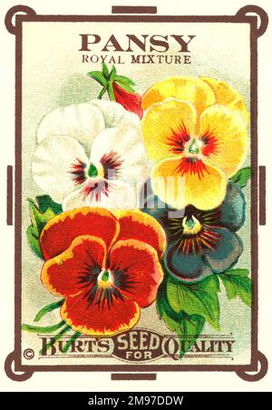 Eine wunderschöne Pansy-Saatgutpackung „Royal Mixture“ von der Burt’s Seeds Company, New York. Stockfoto