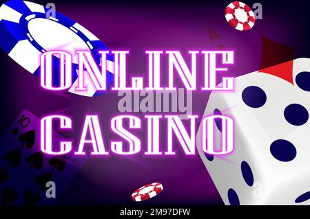 Online-Casino. Website-Banner mit Spielkarten, Würfeln und Chips auf lila Hintergrund. Das Konzept des Glücksspiels, des Online-Casinos. Vektorbild. Stock Vektor