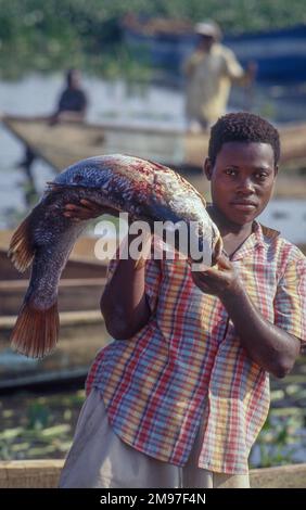 Uganda, Fischerei am Victoria-See. Wasserhyazinthen sind eine Pflanze, die die Fischbestände bedroht und daher für viele pe eine Umweltkatastrophe darstellt Stockfoto