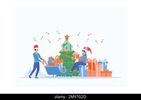 Konzept der Weihnachtsfeier in der Arbeitszeit. Die Leute bereiten Weihnachtsfeiern und Geschenke vor, flache Vektoren, moderne Illustration Stock Vektor