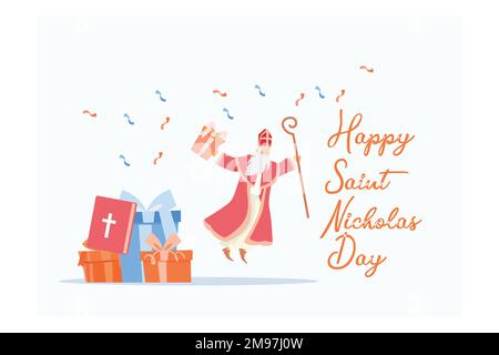 Happy St. Nikolaus Day - Winterszene Grußkarte oder Banner, flache Vektorgrafik Stock Vektor