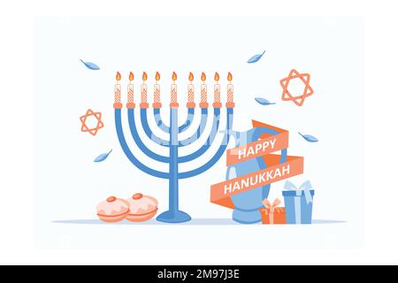 Handgezeichnetes Happy Hanukkah-Logo, Abzeichen und Symboltypografie. Handgezeichnete Schriftzüge mit „Happy Hanukkah“-Logo. Happy Hanukkah Kartenvorlage, Stock Vektor