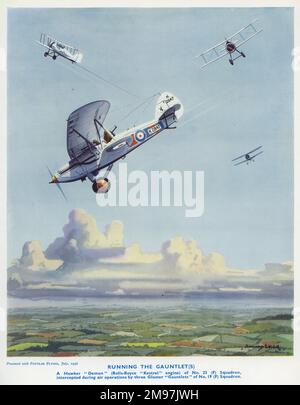 Reproduktion des Coverdesigns einfügen, Popular Flying, The National Aviation Paper, Juli 1936. Ich führe die Handschuhe, die einen Hawker-Dämon (mit Rolls-Royce-Kestrel-Motor) der 23F. Staffel zeigen, der während der Flugoperationen von drei Gloster-Handschuhen der 19F. Staffel abgefangen wurde. Stockfoto