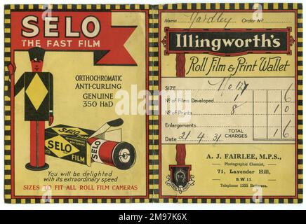 Fotomagazin mit Werbung für Selo Film, mit Name und Anschrift des Entwicklers: A J Fairlee, Lavender Hill, Battersea, London SW11. Der Kunde heißt Yardley, und die Entwicklungskosten belaufen sich auf 1 Schilling und 6 Pence, datiert vom 21. April 1931. Stockfoto