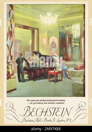 Werbung für die Bechstein Hall, Brook Street, London, in einem Gebäude mit Konzerthalle, Übungsräumen, Büros und Ausstellungsraum, erbaut 1929 von Bechstein, dem deutschen Klavierhersteller. Zimmer mit großem Klavier und Möbeln im Art déco-Stil. Stockfoto