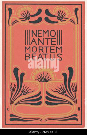 Jugendstildesign mit dem lateinischen Sprichwort: Nemo Ante Mortem Beatus (Niemand kann vor dem Tod glücklich genannt werden). Stockfoto
