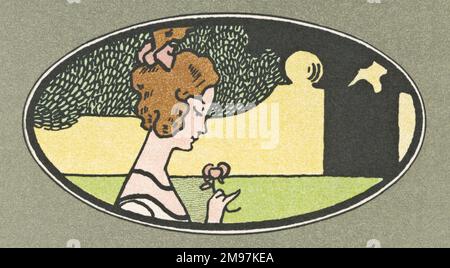 Jugendstil georgianisches Design -- eine Dame mit einer Blume in einem Garten. Stockfoto