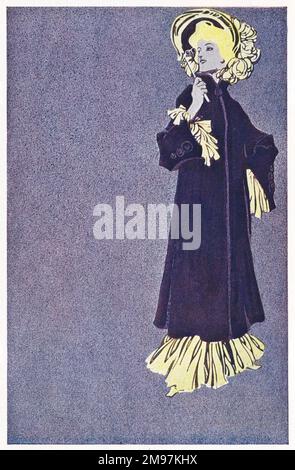 Deutsches Posterdesign, elegante Frau in einem langen lila Mantel und einer großen Motorhaube. Stockfoto
