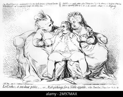 Cartoon, Le Cochon et ses deux Petits, oder reiche Auswahl für einen edlen Appetit, Vide Strand Lane, Temple Barr &c&c, von James Gillray. Charles Howard, 11. Duke of Norfolk, und zwei große Freundinnen. Stockfoto