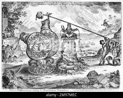 Cartoon, politische Mathematiker, schütteln die breiten unteren Hemisphären, von James Gillray. Der letzten Hoffnung des Landes, der neuen Opposition, wird diese Repräsentation von Charleys Old Breeches in Gefahr respektvoll unterworfen. Napoleon sieht (rechts), wie konkurrierende britische Politiker der Koalitionsregierung (bekannt als Ministerium aller Talente) nach den Wahlen von 1806 mit dem Machtgleichgewicht kämpfen. Stockfoto