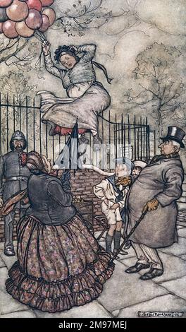 Illustration, Peter Pan in Kensington Gardens, von Arthur Rackham -- die Dame mit den Ballons, die gleich draußen sitzt. Die Leute beobachten mit Erstaunen, wie die Ballondame vom Bürgersteig auftaucht. Stockfoto