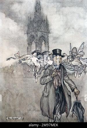 Illustration, Peter Pan in Kensington Gardens, von Arthur Rackham -- der alte Mr. Salford war ein Krabbenapfel eines alten Gentleman, der den ganzen Tag in den Gärten umherwanderte. Feen und Kobolde sind direkt hinter ihm zu sehen und das Albert Memorial im Hintergrund. Stockfoto