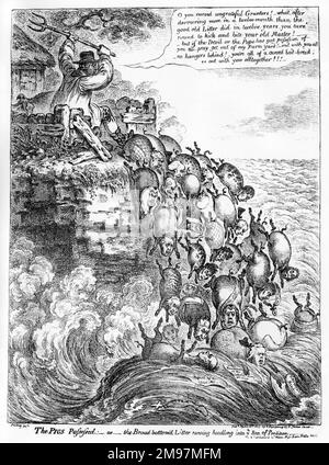 Cartoon, die Schweine besessen, oder, der großflächige Müll, der kopfüber ins Meer der Verdammnis rennt, von James Gillray. John Bull (gleichzeitig Bauer George, also König George III) zeigt, wie er die gierigen Ferkel (Politiker der Koalitionsregierung, bekannt als Ministerium für alle Talente) aus seiner Farm ins Meer wirft. Stockfoto