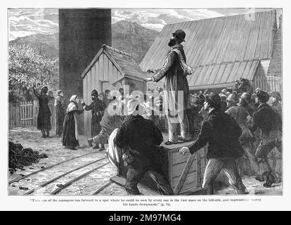 Tynewydd-Colliery-Katastrophe, bei Pontypridd, Wales. Am Nachmittag des 11. April 1877 wurde die Mine unerwartet überflutet. Während der Rettungsaktion steht einer der Manager auf einer Holzkiste, um mit Menschenmengen zu sprechen, die sich am Hang versammelt haben. Stockfoto
