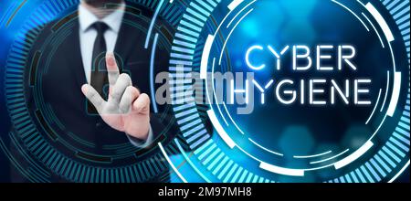 Schreiben Anzeigetext Cyber Hygiene. Konzept bedeutet Schritte, die Computerbenutzer Unternehmen, um ihre Cyber-Sicherheit zu verbessern Stockfoto