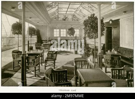 The Cunard Liner RMS Mauretania - Verandah Cafe. Stockfoto