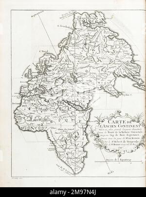 Karte des alten Kontinents (Europa, Afrika, Asien). Gravur von J. vander Schley aus Pierre de Hondt, Histoire Naturelle generale et particle uliere avec la description du Cabinet du Roy. Frontispiece zum ersten Diskurs ("Premier Discours"). Stockfoto