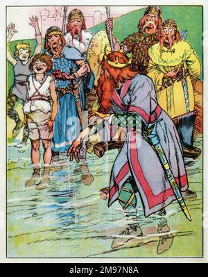 Cnut the Great (circa 985 oder 995–1035), (oder Canute), King of Denmark, England, Norwegen, Und Teile Schwedens. Henry von Huntingdon, der Chroniker aus dem 12. Jahrhundert, schrieb (die apokryphale Geschichte), wie Cnut seinen Thron am Ufer des Meeres setzte und die Flut zum Stillstand befahl und nicht seine Füße und Gewänder nass machte. Und doch steigt er wie immer weiter auf (die Flut), über seinen Füßen und Beinen, ohne Rücksicht auf seine königliche Person. Dann sprang der König zurück und sagte: "Lasst alle Menschen wissen, wie leer und wertlos die Macht der Könige ist, denn es gibt keinen, der diesen Namen verdient, sondern der, dem Himmel, Erde und Meer ewig gehorchen Stockfoto