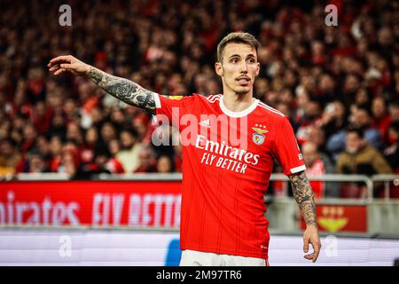 Lissabon, Portugal. 15. Januar 2023. Álex Grimaldo von SL Benfica während des Spiels der Liga Portugal Bwin zwischen SL Benfica und Sporting CP in Estadio da Luz. Endstand: SL Benfica 2:2 Sporting CP. Kredit: SOPA Images Limited/Alamy Live News Stockfoto