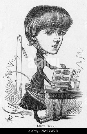Cartoon der Schauspielerin, Tänzerin und Sängerin Connie Gilchrist (1865-1946) - Libby Liebes. Sie spielte Libby Ray in Benjamin Edward Woolfs Comic-Oper "der mächtige Dollar". Als Kind war sie auch ein Künstlermodell und heiratete 1892 in die Aristokratie. Stockfoto